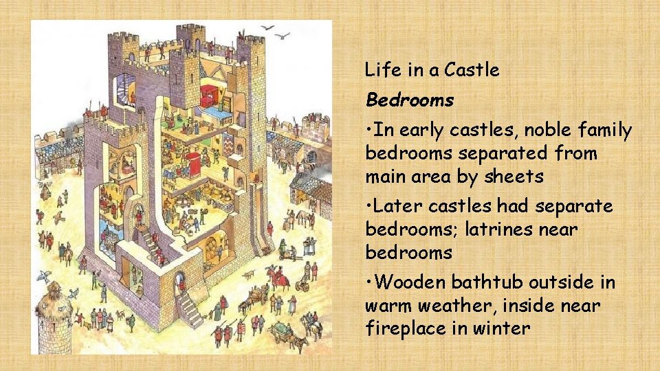 Life in a Castle Bedrooms • In early castles, noble family bedrooms separated from