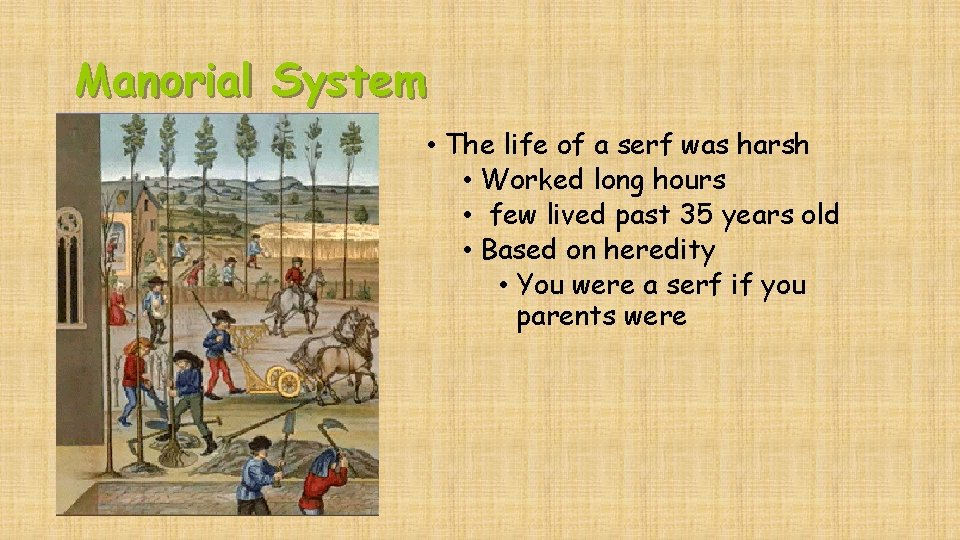 Manorial System • The life of a serf was harsh • Worked long hours