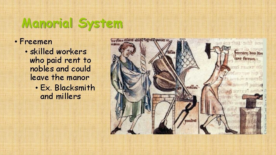 Manorial System • Freemen • skilled workers who paid rent to nobles and could