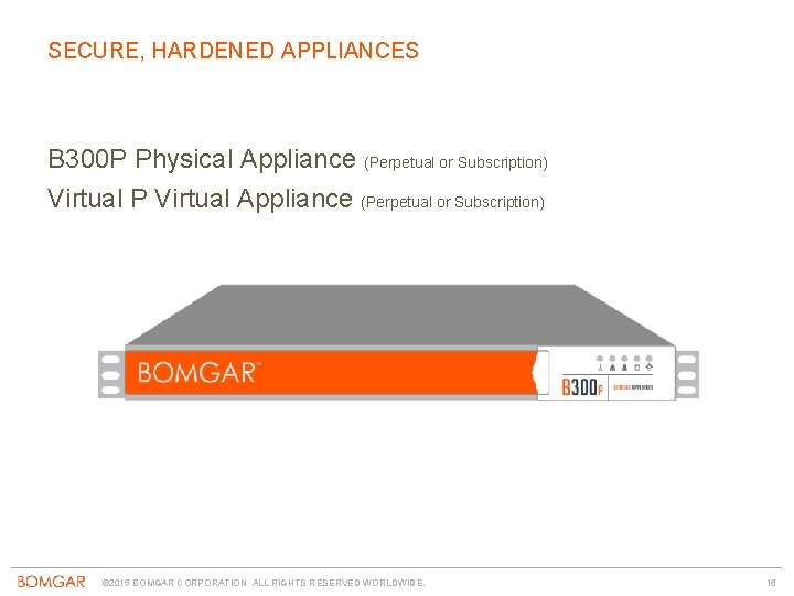 SECURE, HARDENED APPLIANCES B 300 P Physical Appliance (Perpetual or Subscription) Virtual P Virtual