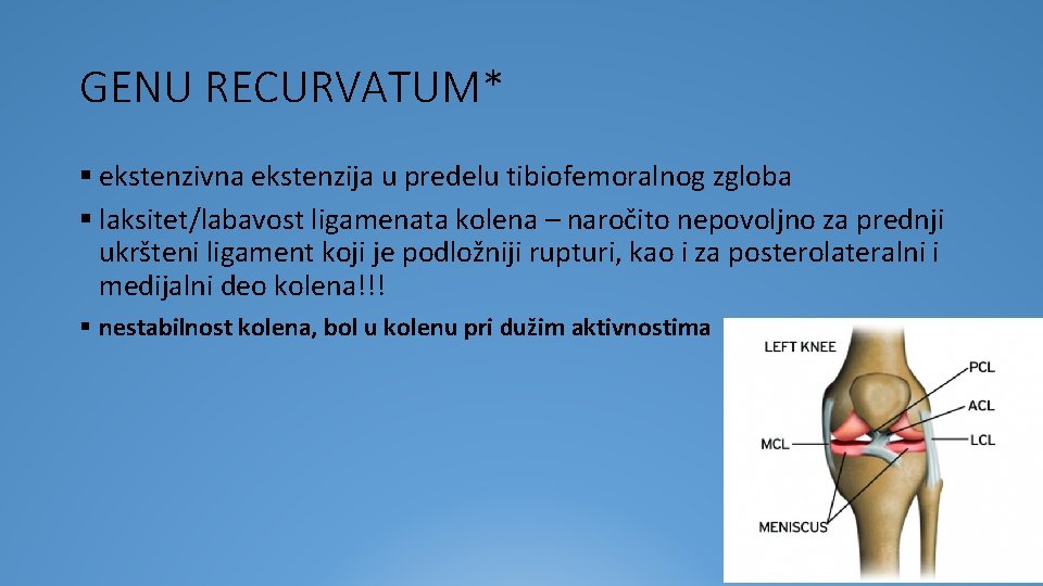 GENU RECURVATUM* § ekstenzivna ekstenzija u predelu tibiofemoralnog zgloba § laksitet/labavost ligamenata kolena –