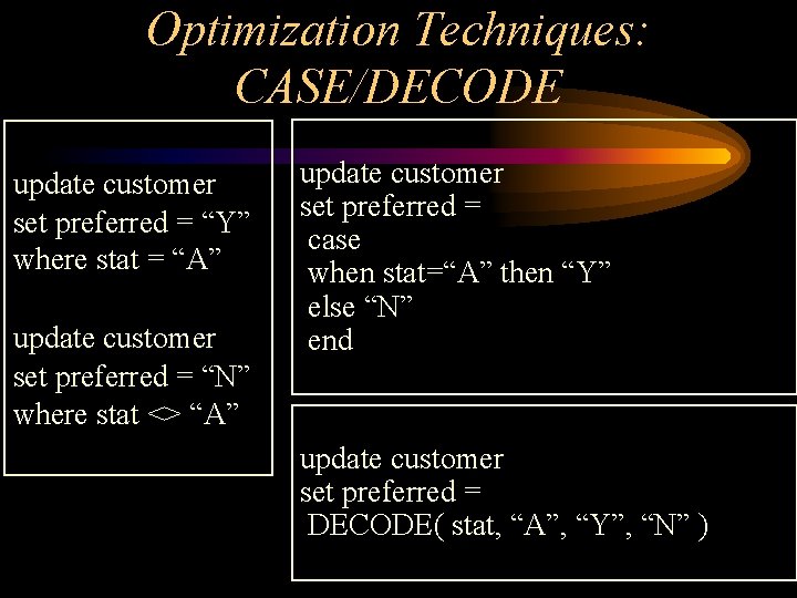 Optimization Techniques: CASE/DECODE update customer set preferred = “Y” where stat = “A” update