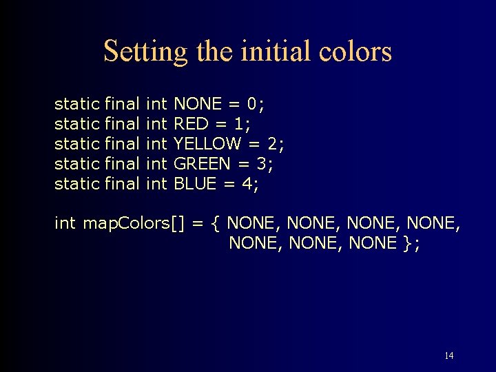 Setting the initial colors static static final final int int int NONE = 0;