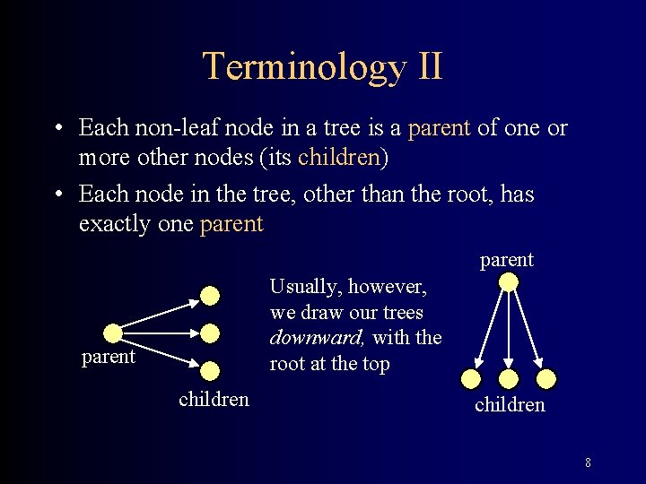 Terminology II • Each non-leaf node in a tree is a parent of one