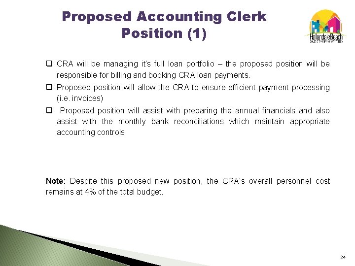 Proposed Accounting Clerk Position (1) q CRA will be managing it’s full loan portfolio