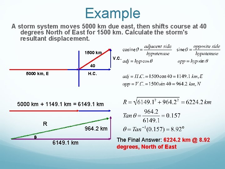Example A storm system moves 5000 km due east, then shifts course at 40