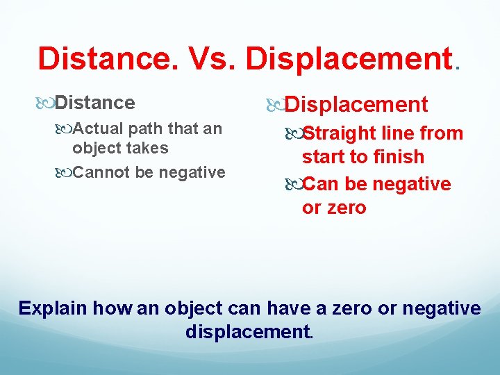 Distance. Vs. Displacement. Distance Actual path that an object takes Cannot be negative Displacement
