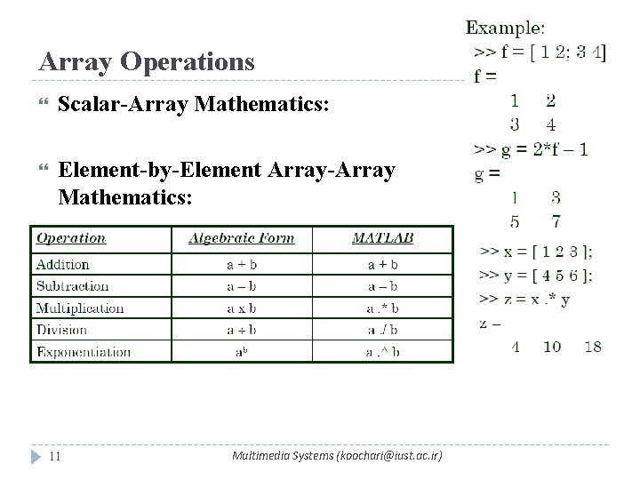 Array Operations Scalar-Array Mathematics: Element-by-Element Array-Array Mathematics: 11 Multimedia Systems (koochari@iust. ac. ir) 