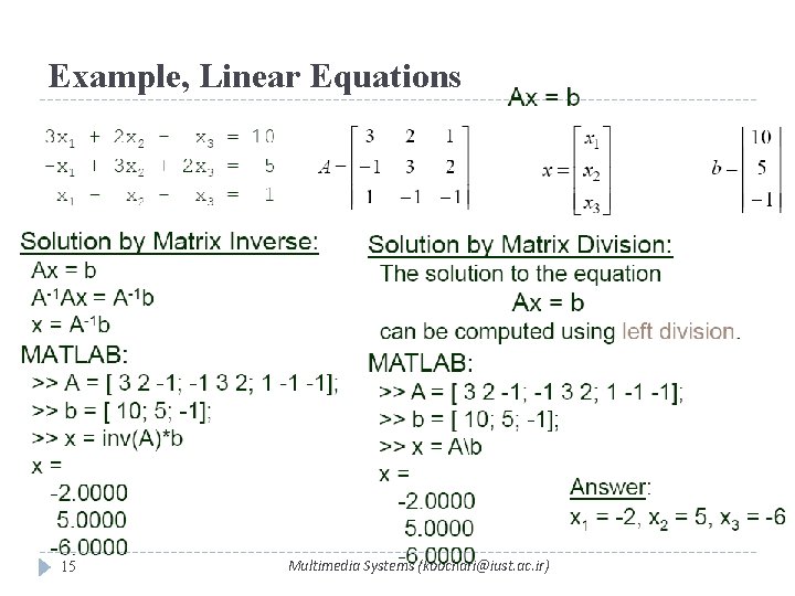 Example, Linear Equations 15 Multimedia Systems (koochari@iust. ac. ir) 