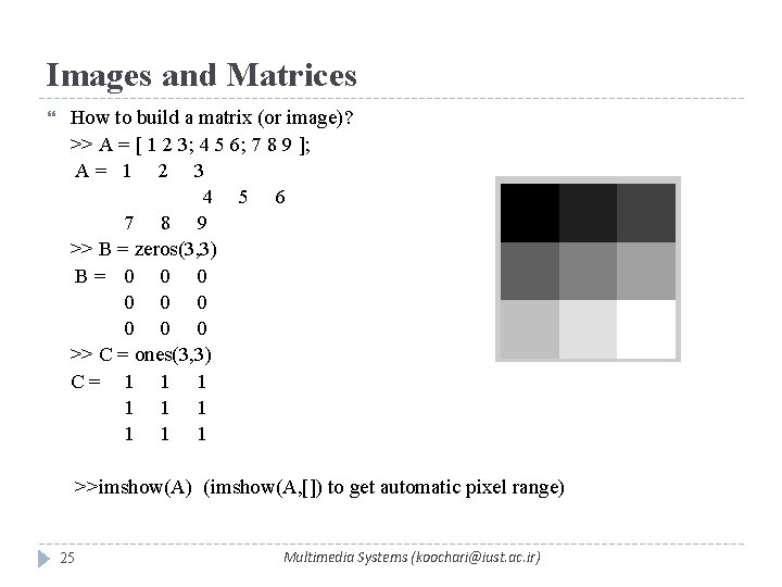 Images and Matrices How to build a matrix (or image)? >> A = [