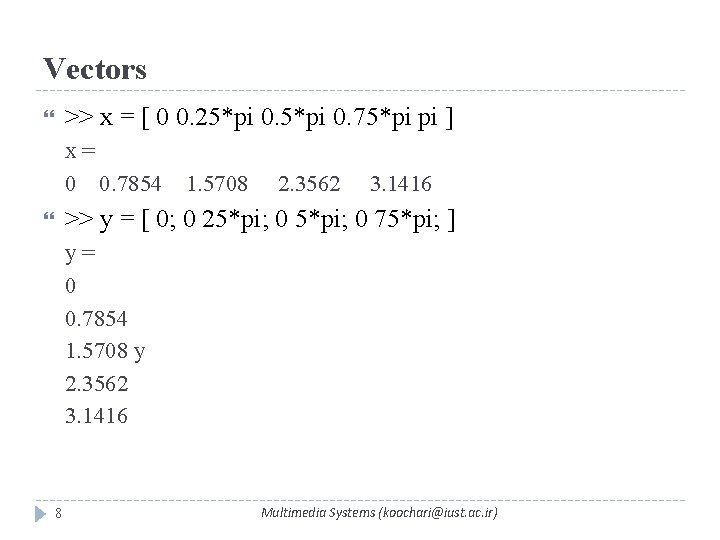 Vectors >> x = [ 0 0. 25*pi 0. 75*pi pi ] x= 0