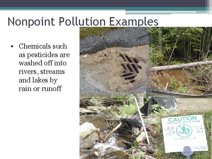 Nonpoint Pollution Examples • Chemicals such as pesticides are washed off into rivers, streams
