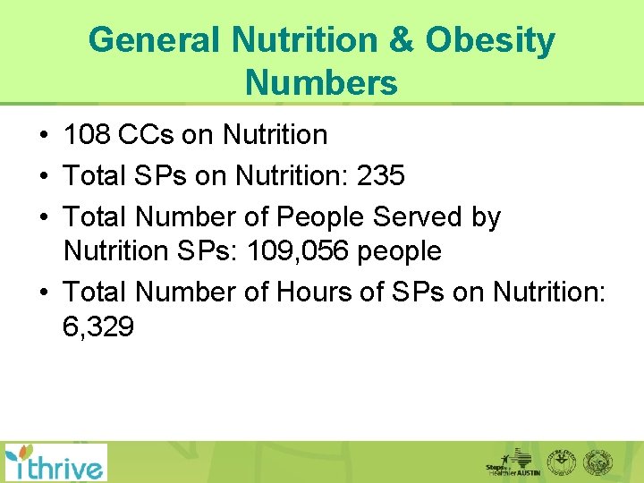 General Nutrition & Obesity Numbers • 108 CCs on Nutrition • Total SPs on