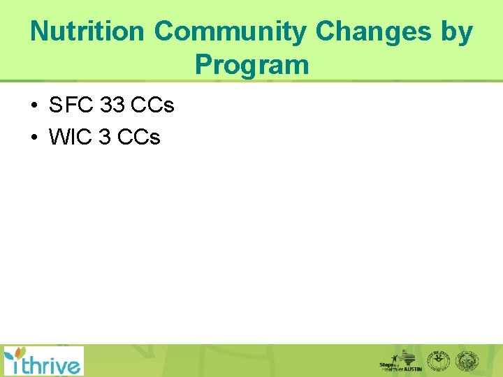 Nutrition Community Changes by Program • SFC 33 CCs • WIC 3 CCs 