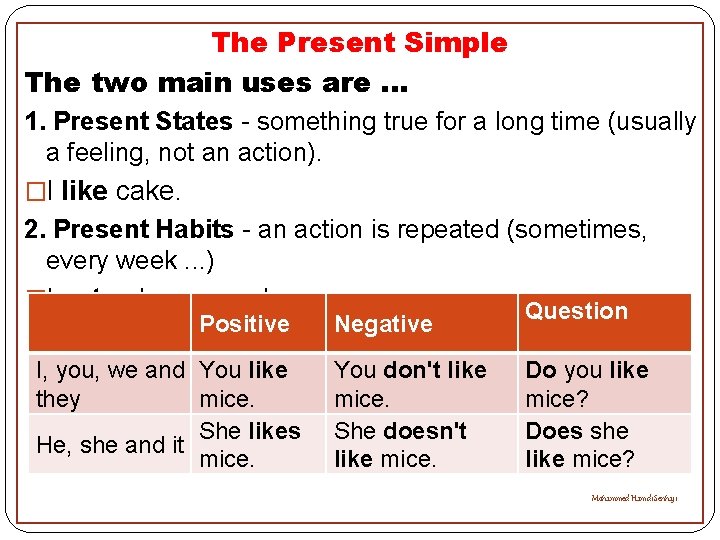 The Present Simple The two main uses are. . . 1. Present States -