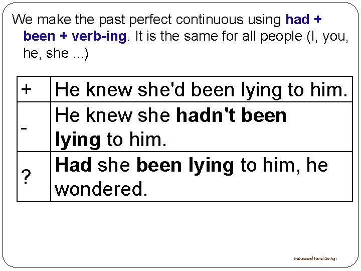 We make the past perfect continuous using had + been + verb-ing. It is