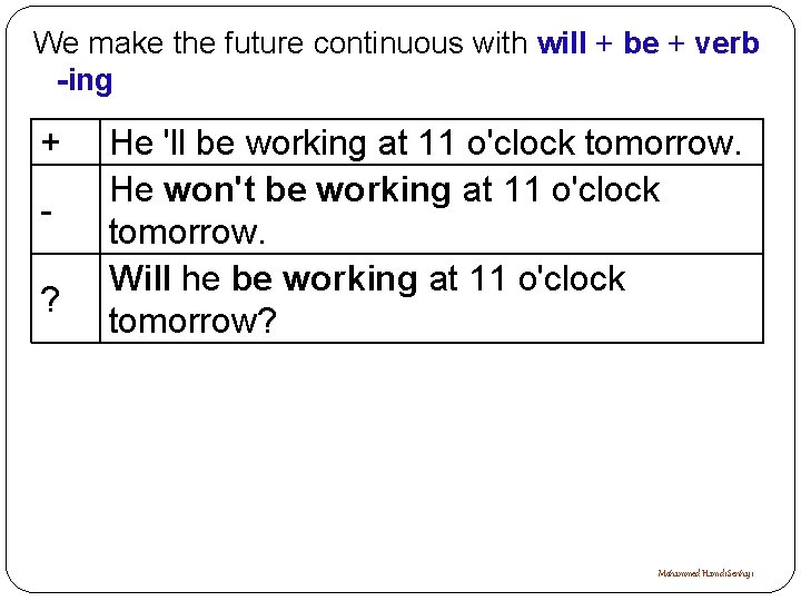 We make the future continuous with will + be + verb -ing + ?