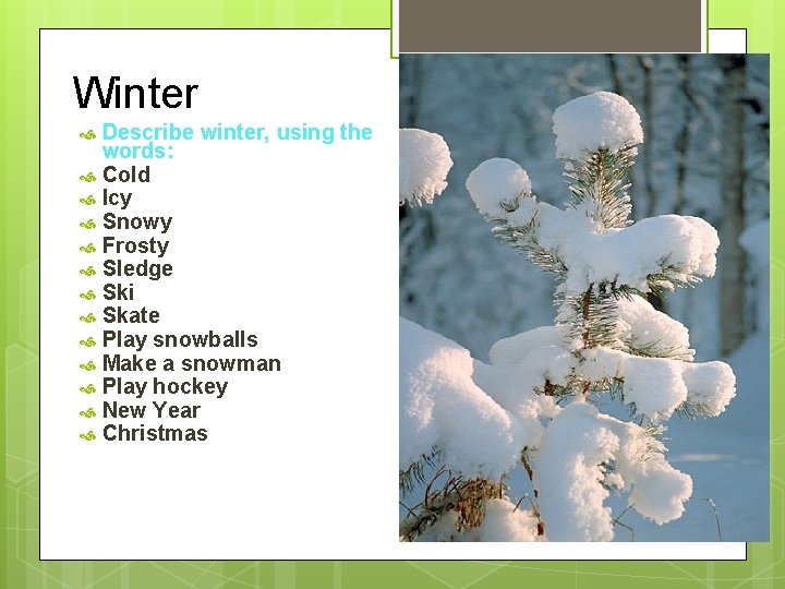 Winter Describe winter, using the words: Cold Icy Snowy Frosty Sledge Ski Skate Play