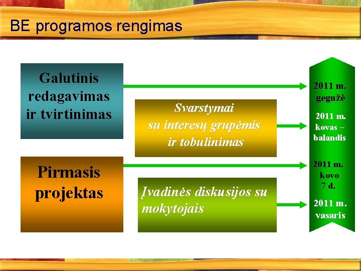 BE programos rengimas Galutinis redagavimas ir tvirtinimas Pirmasis projektas Svarstymai su interesų grupėmis ir