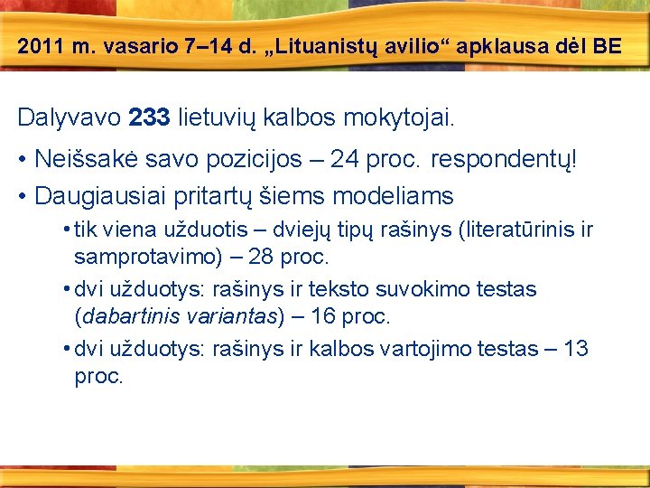 2011 m. vasario 7– 14 d. „Lituanistų avilio“ apklausa dėl BE Dalyvavo 233 lietuvių