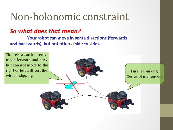 Non-holonomic constraint So what does that mean? Your robot can move in some directions