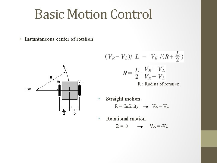 Basic Motion Control • Instantaneous center of rotation R : Radius of rotation §