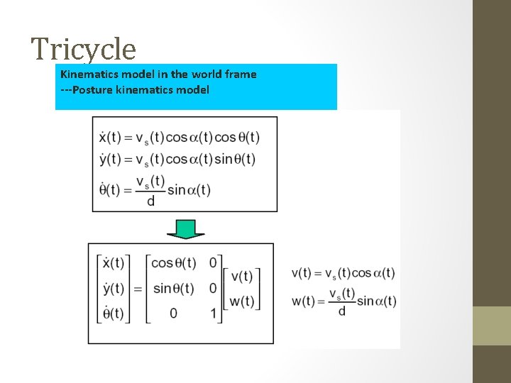 Tricycle Kinematics model in the world frame ---Posture kinematics model 