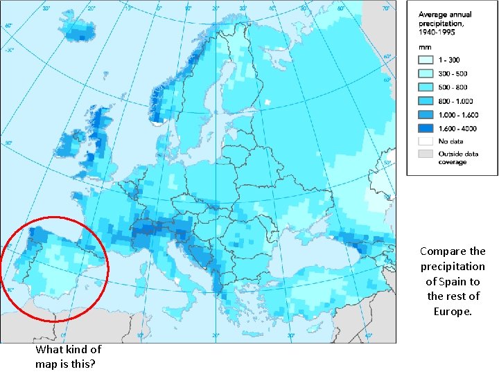 Compare the precipitation of Spain to the rest of Europe. What kind of map