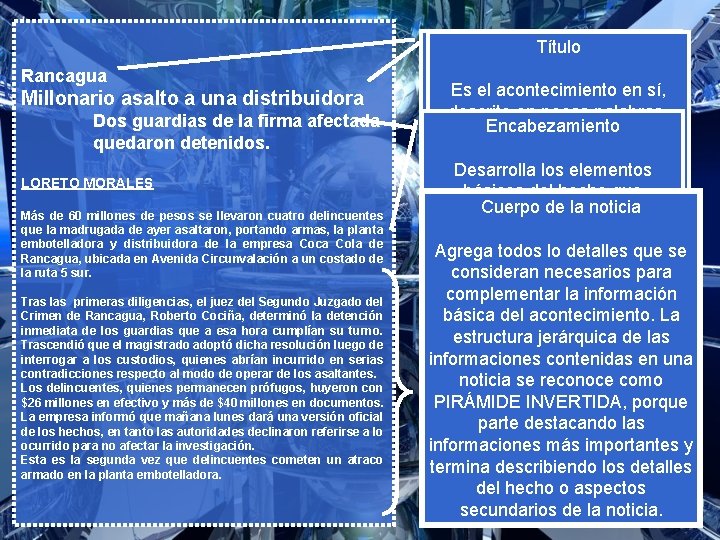 Pretítulo. Título o epígrafe Rancagua Millonario asalto a una distribuidora Dos guardias de la