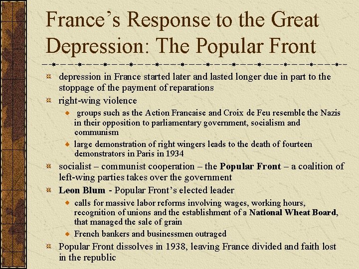 France’s Response to the Great Depression: The Popular Front depression in France started later