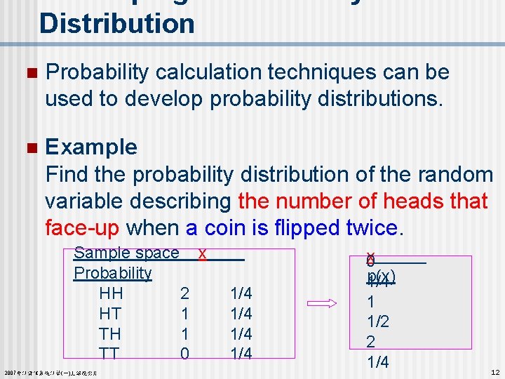 Distribution n Probability calculation techniques can be used to develop probability distributions. n Example