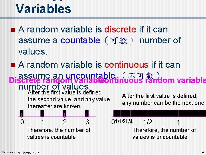 Variables A random variable is discrete if it can assume a countable（可數） number of