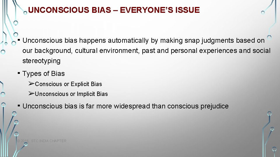 UNCONSCIOUS BIAS – EVERYONE’S ISSUE ▪ Unconscious bias happens automatically by making snap judgments