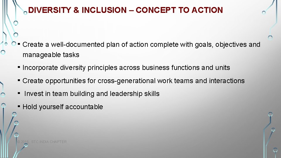 DIVERSITY & INCLUSION – CONCEPT TO ACTION ▪ Create a well-documented plan of action
