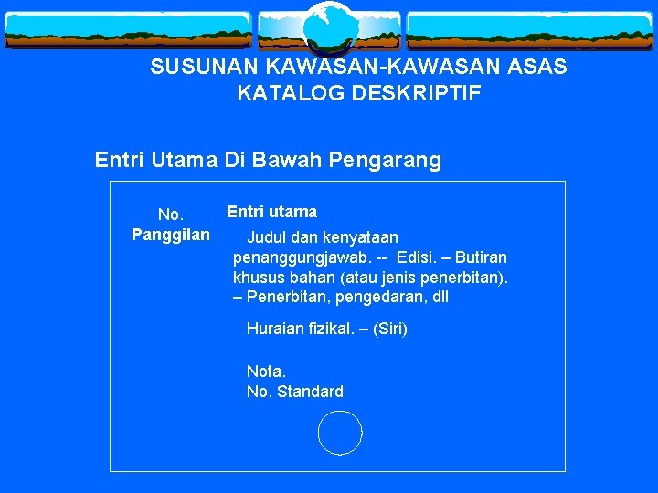 SUSUNAN KAWASAN-KAWASAN ASAS KATALOG DESKRIPTIF Entri Utama Di Bawah Pengarang Entri utama No. Panggilan