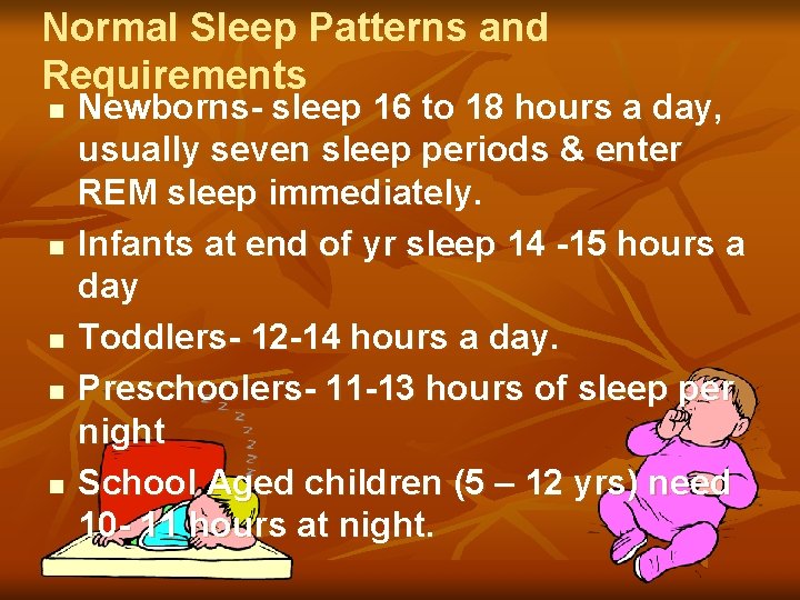 Normal Sleep Patterns and Requirements n n n Newborns- sleep 16 to 18 hours