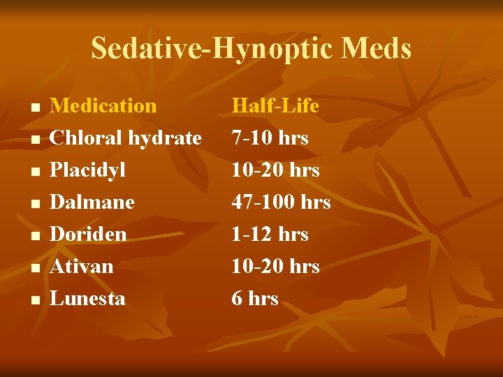 Sedative-Hynoptic Meds n n n n Medication Chloral hydrate Placidyl Dalmane Doriden Ativan Lunesta