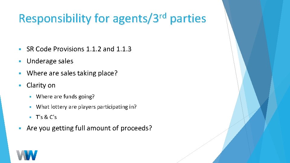 Responsibility for agents/3 rd parties § SR Code Provisions 1. 1. 2 and 1.