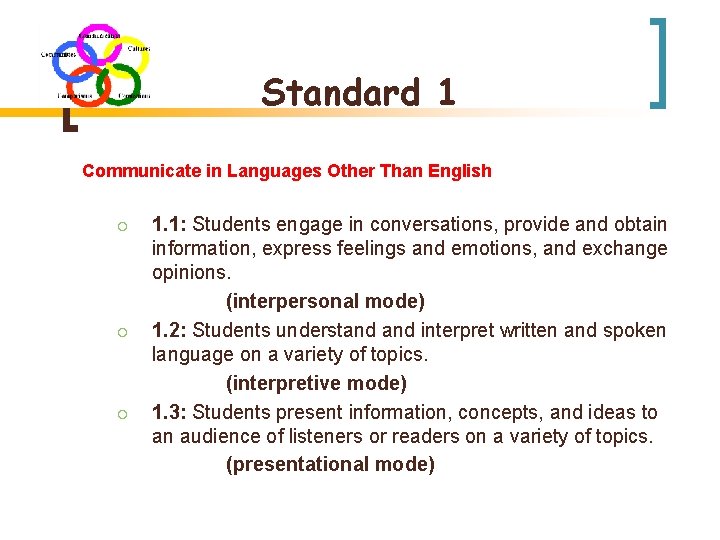 Standard 1 Communicate in Languages Other Than English ¡ ¡ ¡ 1. 1: Students