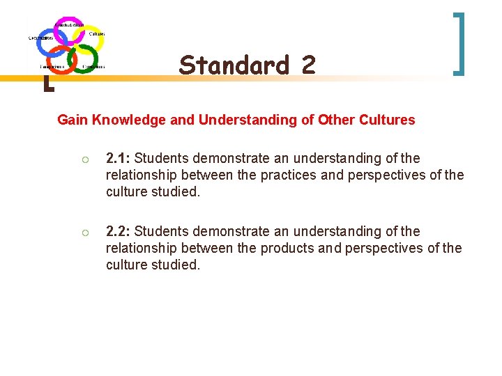 Standard 2 Gain Knowledge and Understanding of Other Cultures ¡ 2. 1: Students demonstrate