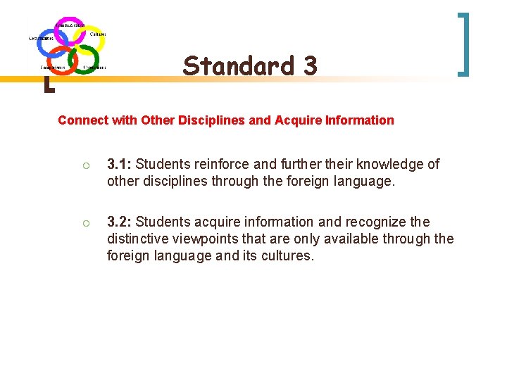 Standard 3 Connect with Other Disciplines and Acquire Information ¡ 3. 1: Students reinforce