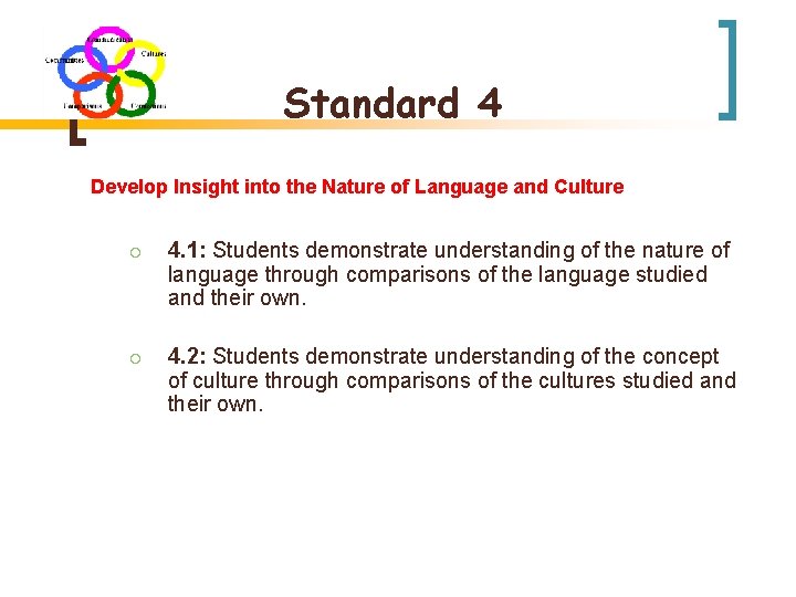 Standard 4 Develop Insight into the Nature of Language and Culture ¡ 4. 1: