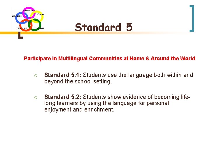 Standard 5 Participate in Multilingual Communities at Home & Around the World ¡ Standard