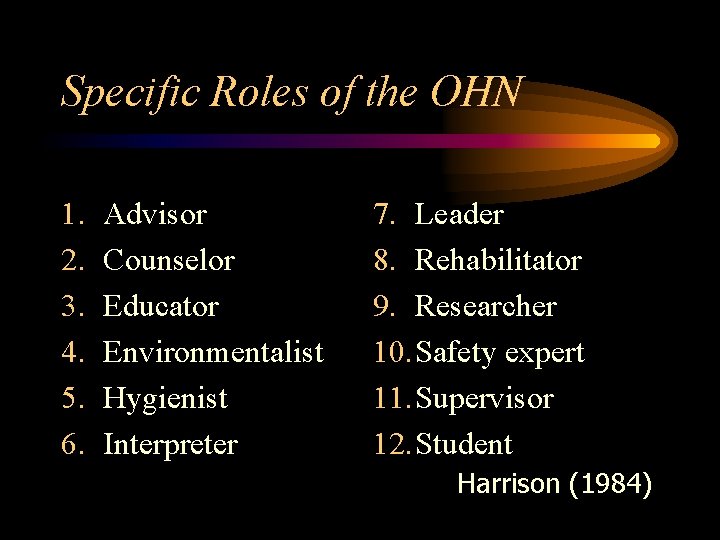 Specific Roles of the OHN 1. 2. 3. 4. 5. 6. Advisor Counselor Educator