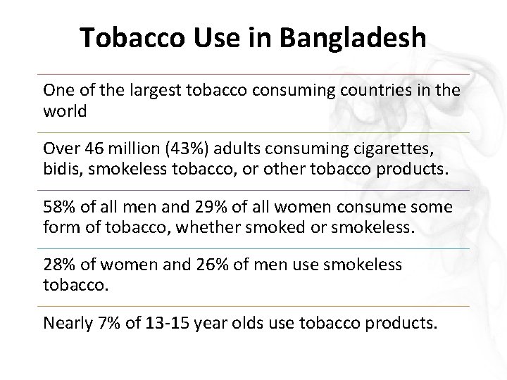 Tobacco Use in Bangladesh One of the largest tobacco consuming countries in the world