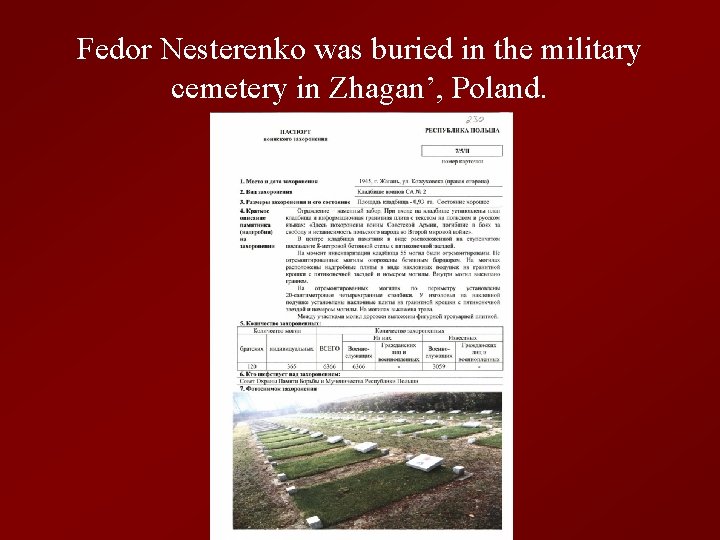 Fedor Nesterenko was buried in the military cemetery in Zhagan’, Poland. 