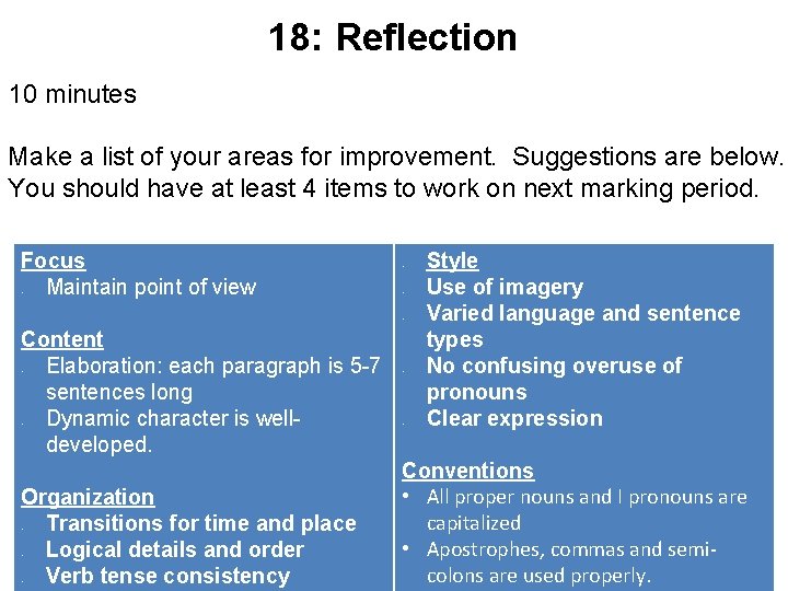 18: Reflection 10 minutes Make a list of your areas for improvement. Suggestions are
