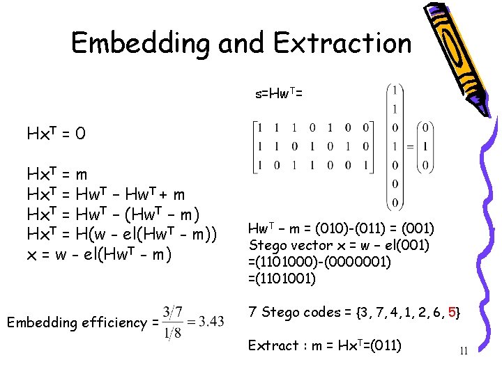 Embedding and Extraction s=Hw. T= Hx. T = 0 Hx. T = m Hx.