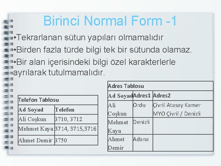 Birinci Normal Form -1 • Tekrarlanan sütun yapıları olmamalıdır • Birden fazla türde bilgi