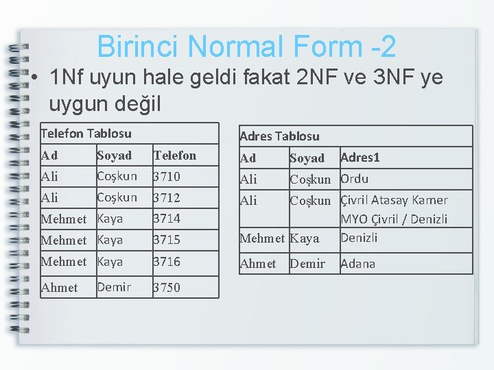 Birinci Normal Form -2 • 1 Nf uyun hale geldi fakat 2 NF ve